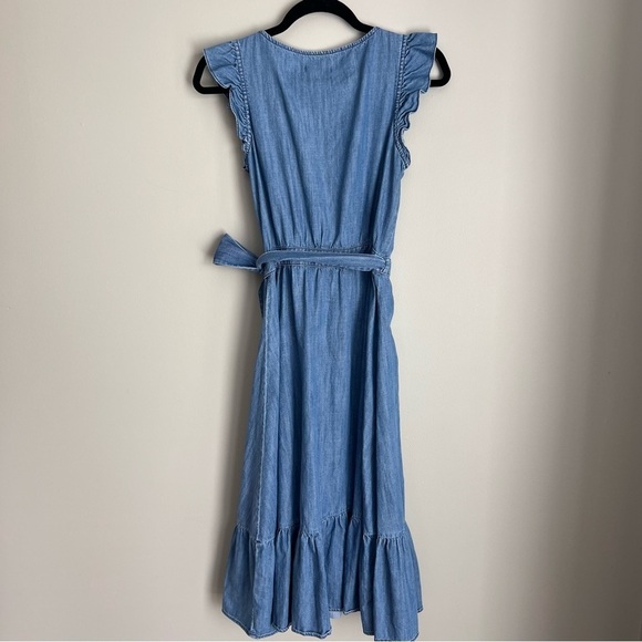 2/25 J Crew Denim Chambray Wrap Dress Ruffle Sleeveless Blue Jean springtime - Picture 3 of 9